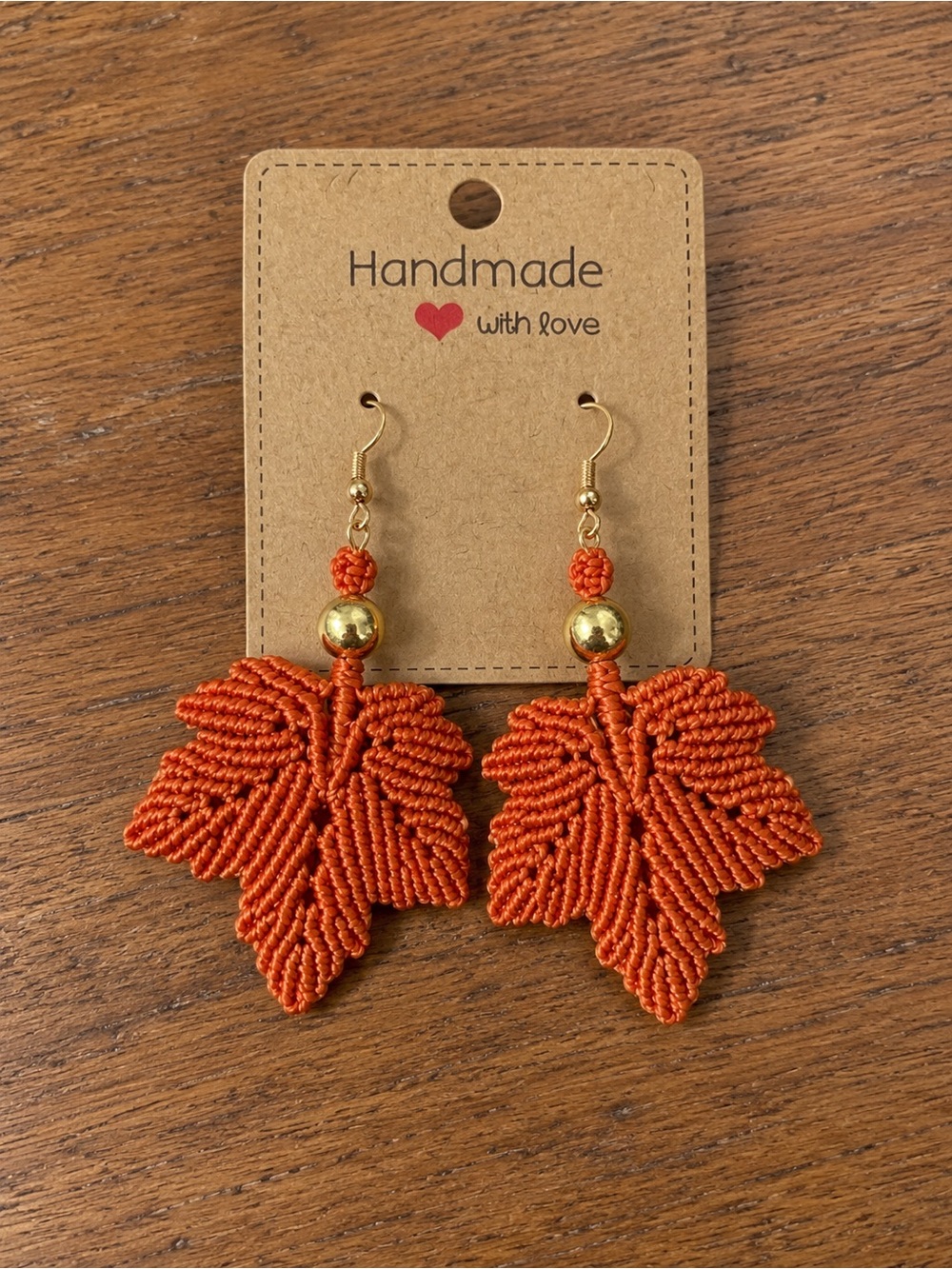 Orange Leaf Macramé Drop Earrings - Gold Accent